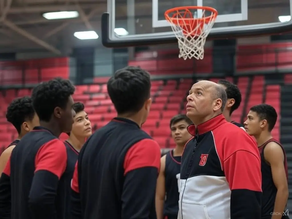 High School basketball team looking at stuck backstop